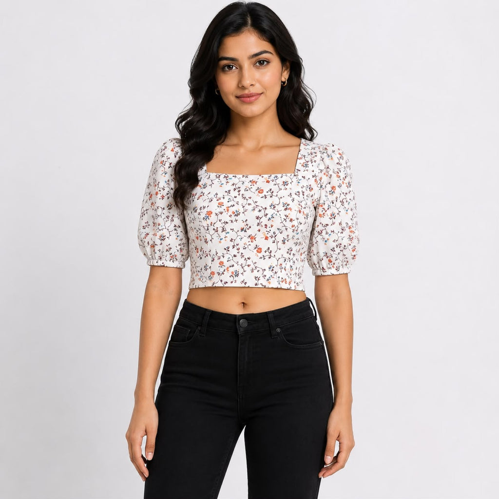Women's Cream Floral Print Puff Sleeve Crop Top-1