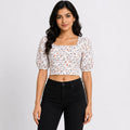 Women's Cream Floral Print Puff Sleeve Crop Top-1