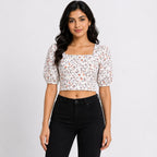 Women's Cream Floral Print Puff Sleeve Crop Top-1