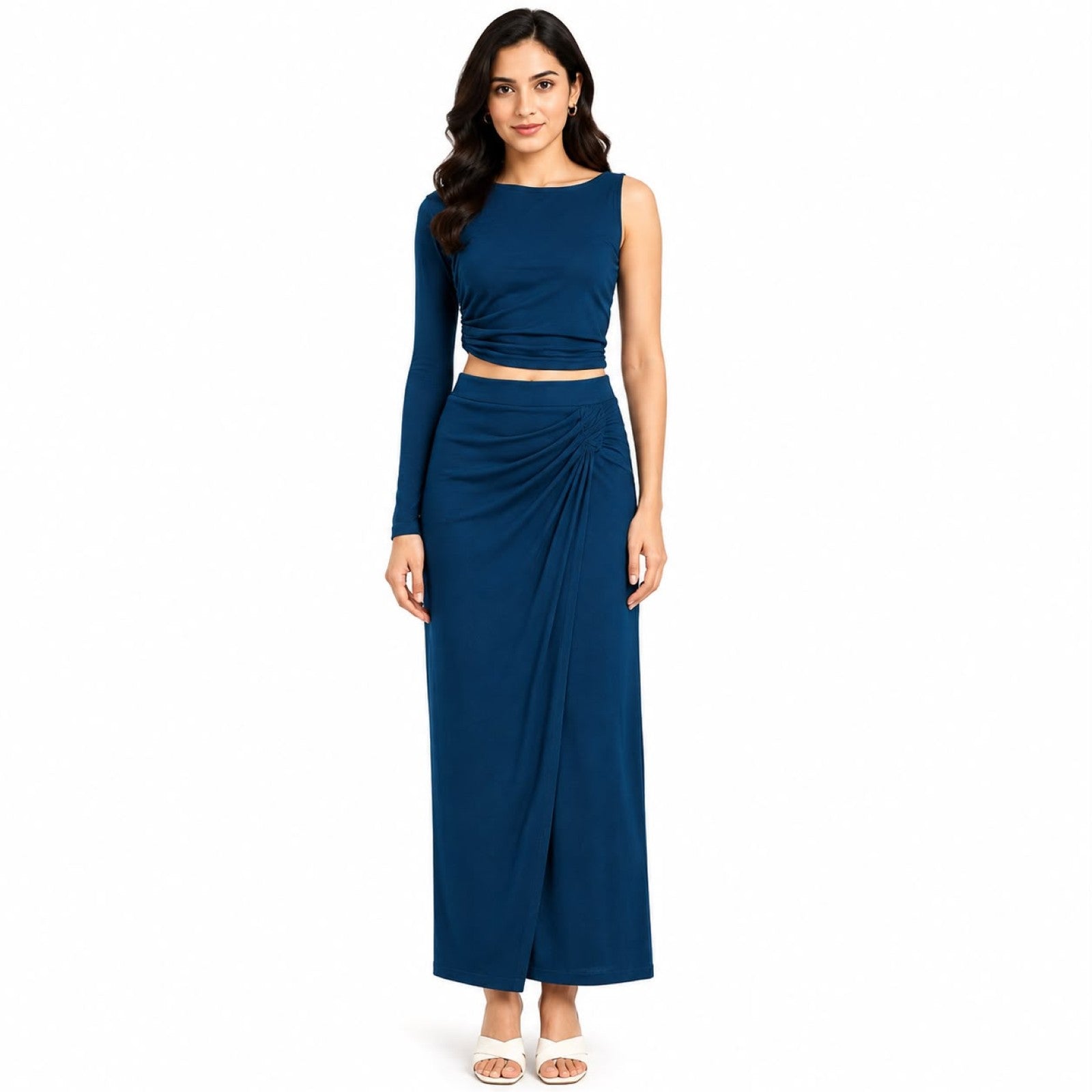 Women's Navy Blue One-Shoulder Crop Top and Side Slit Maxi Skirt Co-Ord Set-3