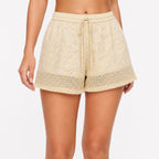 Women's Yellow Floral Lace Drawstring High-Rise Casual Shorts-3