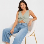 Women's Pista Green Solid Twist Front Sleeveless V-Neck Crop Top-3