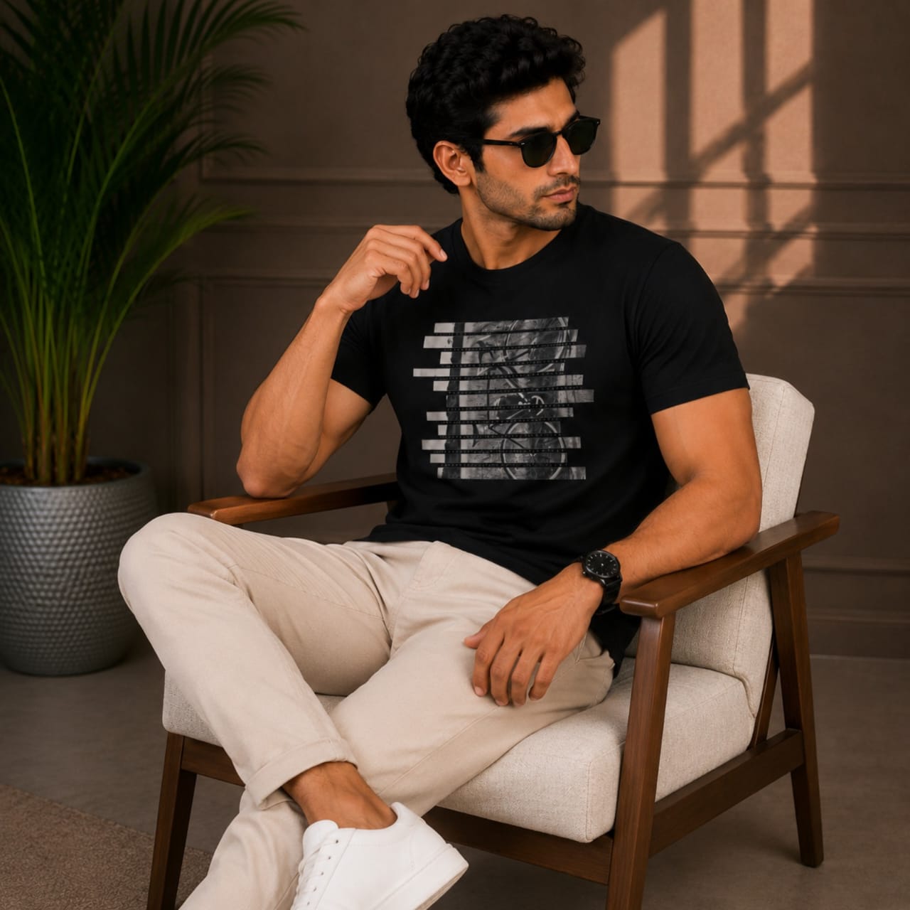 Men's Black Abstract Graphic Casual T-Shirt-1