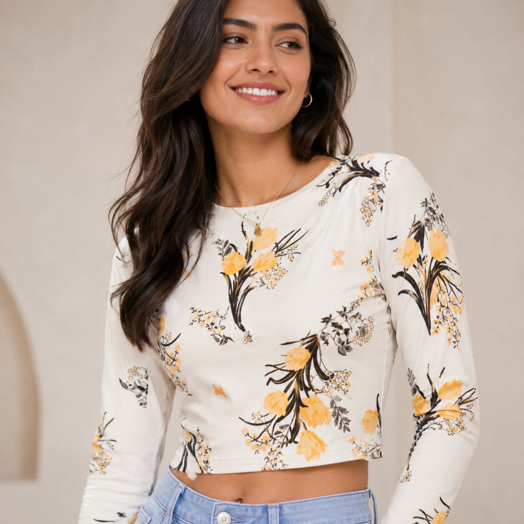Women's Beige Floral Printed Full Sleeve Top-2