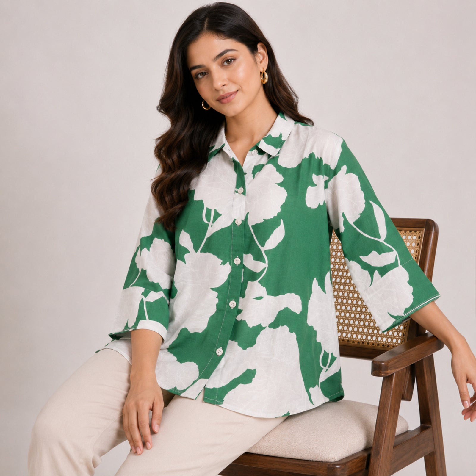 Women's Vibrant Green Bold Floral Print Button-Down Top-2