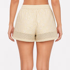 Women's Yellow Floral Lace Drawstring High-Rise Casual Shorts-4