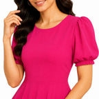 Women's Hot Pink Puff Sleeve Fit & Flare Midi Dress-3