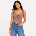 Women's Majestic Cocoa Brown Ribbed Corset Top with Ruffled Straps and Center-Front Tie Detailing-4