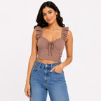Women's Majestic Cocoa Brown Ribbed Corset Top with Ruffled Straps and Center-Front Tie Detailing-4