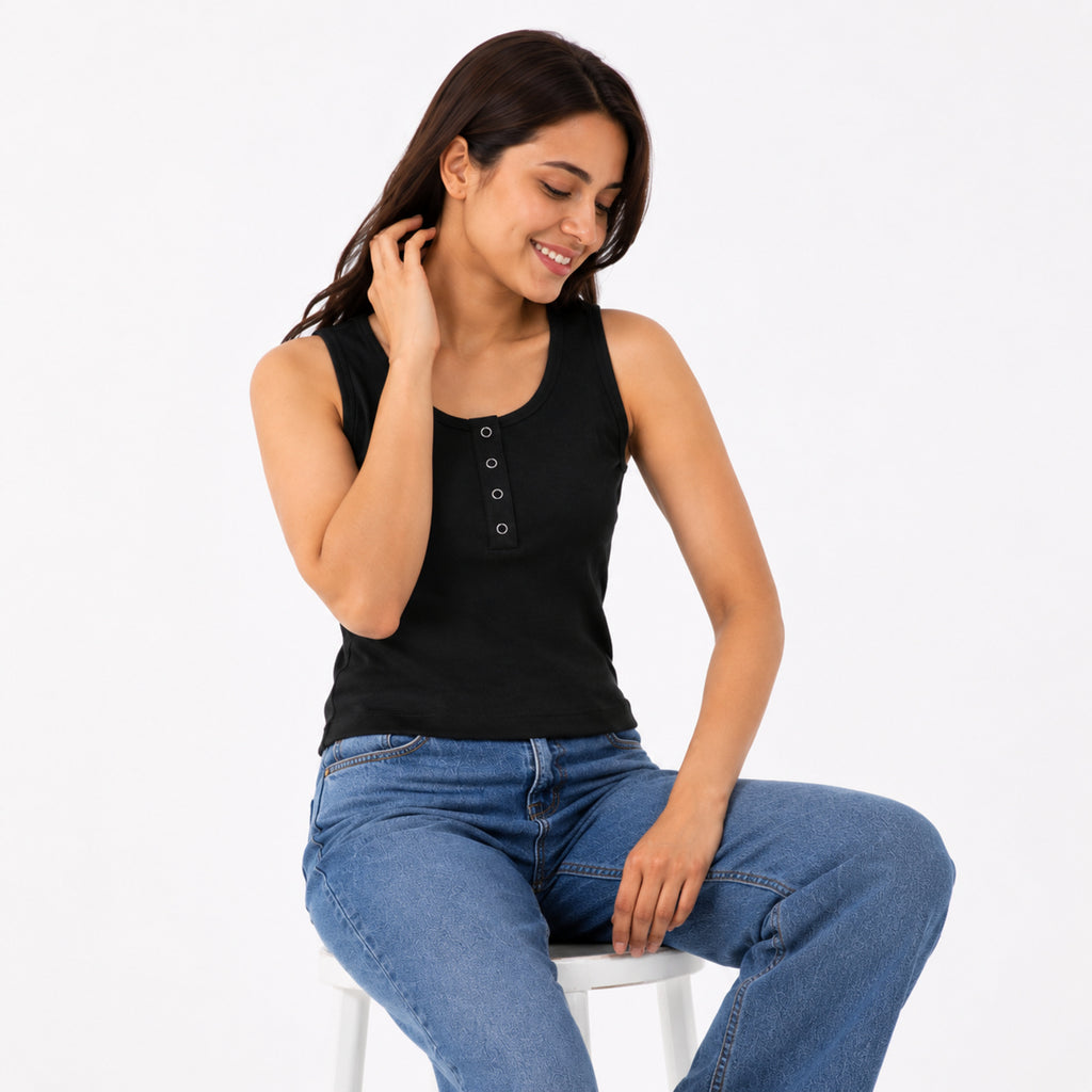 Women's Black Sleeveless Henley Neck Casual Top-3