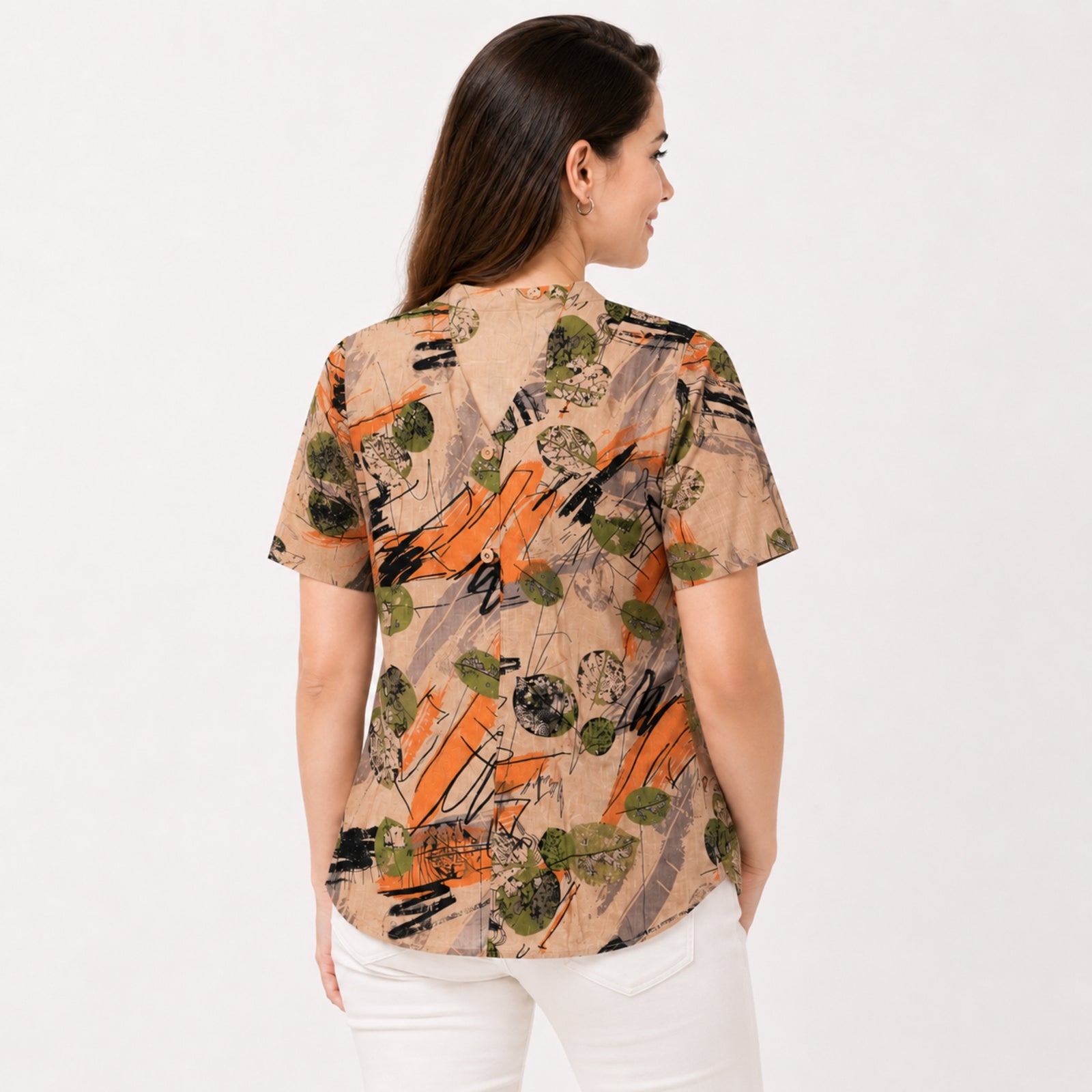 Women's Beige Abstract Printed Casual Shirt Top-3