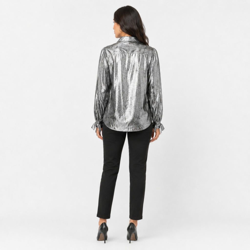 Women's Silver Metallic Button-Down Shirt | Collared Full Sleeve Party & Casual Top-4