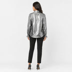 Women's Silver Metallic Button-Down Shirt | Collared Full Sleeve Party & Casual Top-4
