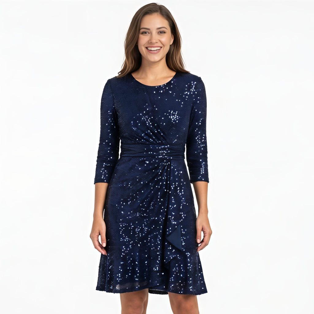 Women's Navy Blue Sequin Fit & Flare Party Dress-1