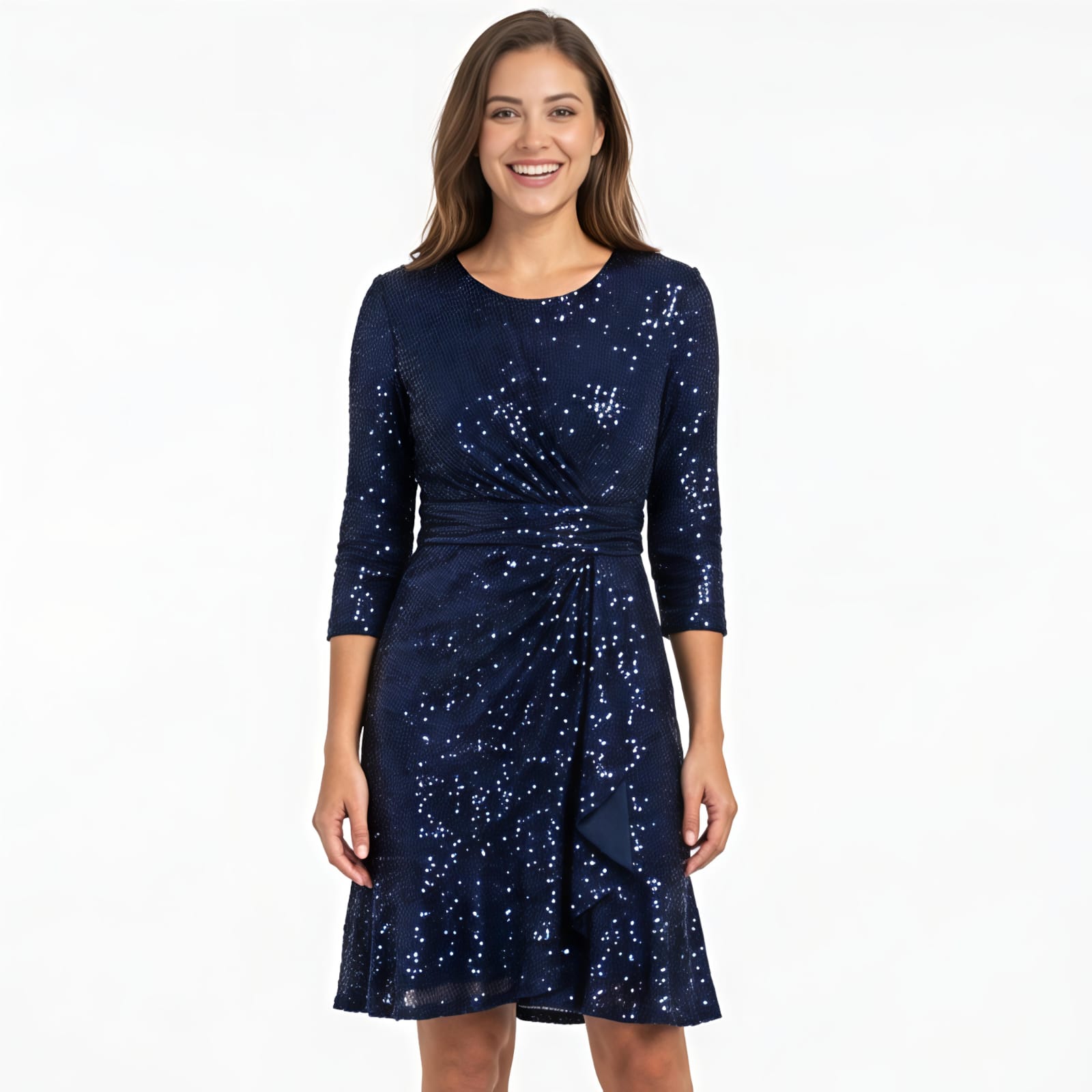 Women's Navy Blue Sequin Fit & Flare Party Dress-1