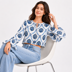 Women's White Blue Floral Print Bell Sleeve Crop Top-4