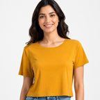 Women's Mustard Round Neck Short Sleeve Relaxed Crop T-Shirt | Solid Casual Everyday Top-3