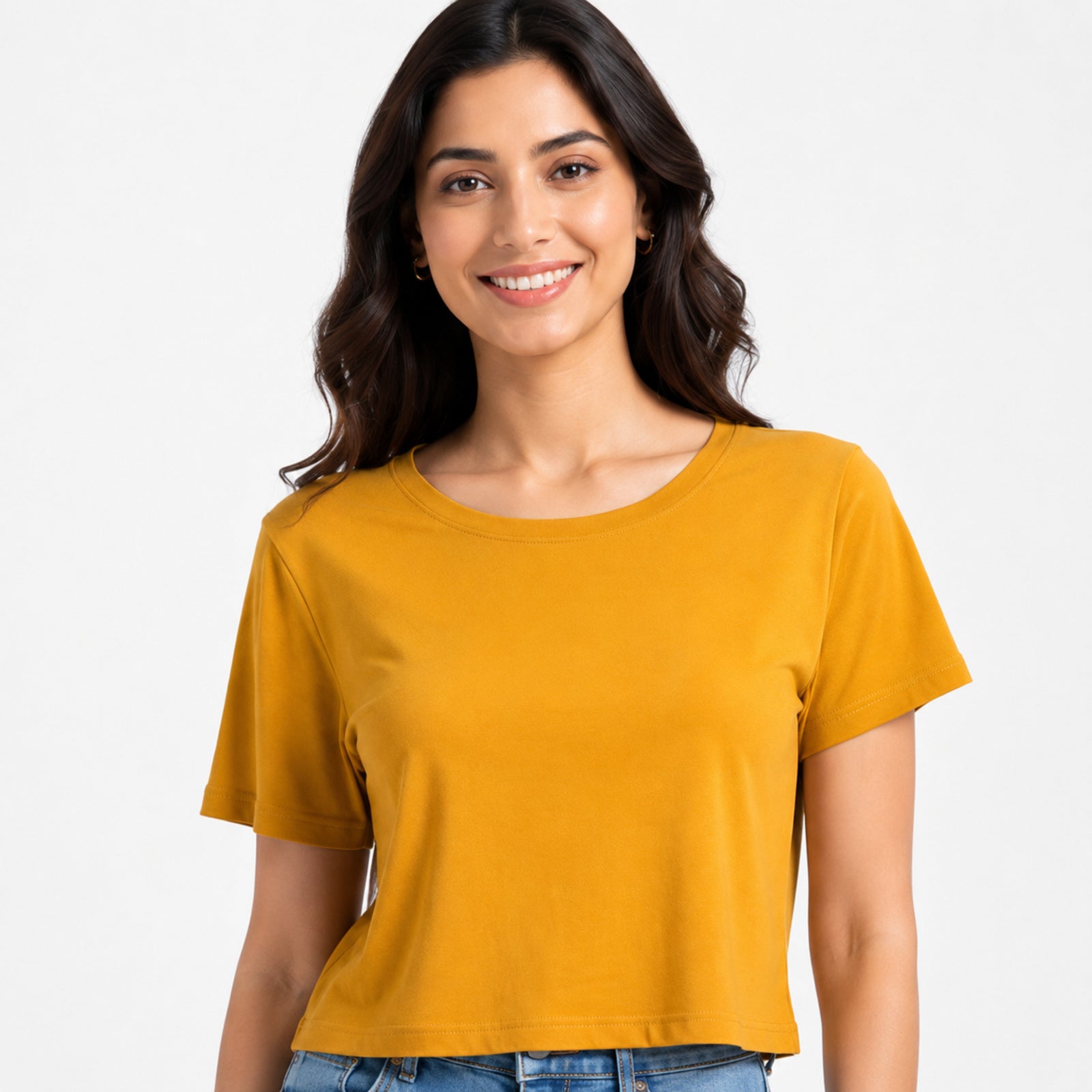 Women's Mustard Round Neck Short Sleeve Relaxed Crop T-Shirt | Solid Casual Everyday Top-3