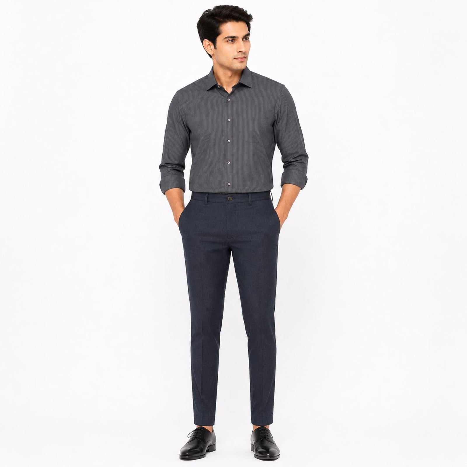 Men's Grey Pinstripe Button-Down Shirt | Sleek Office Casual Shirt-1