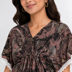 Women's Artistic Marble Print Kaftan Top with Lace Trim-3