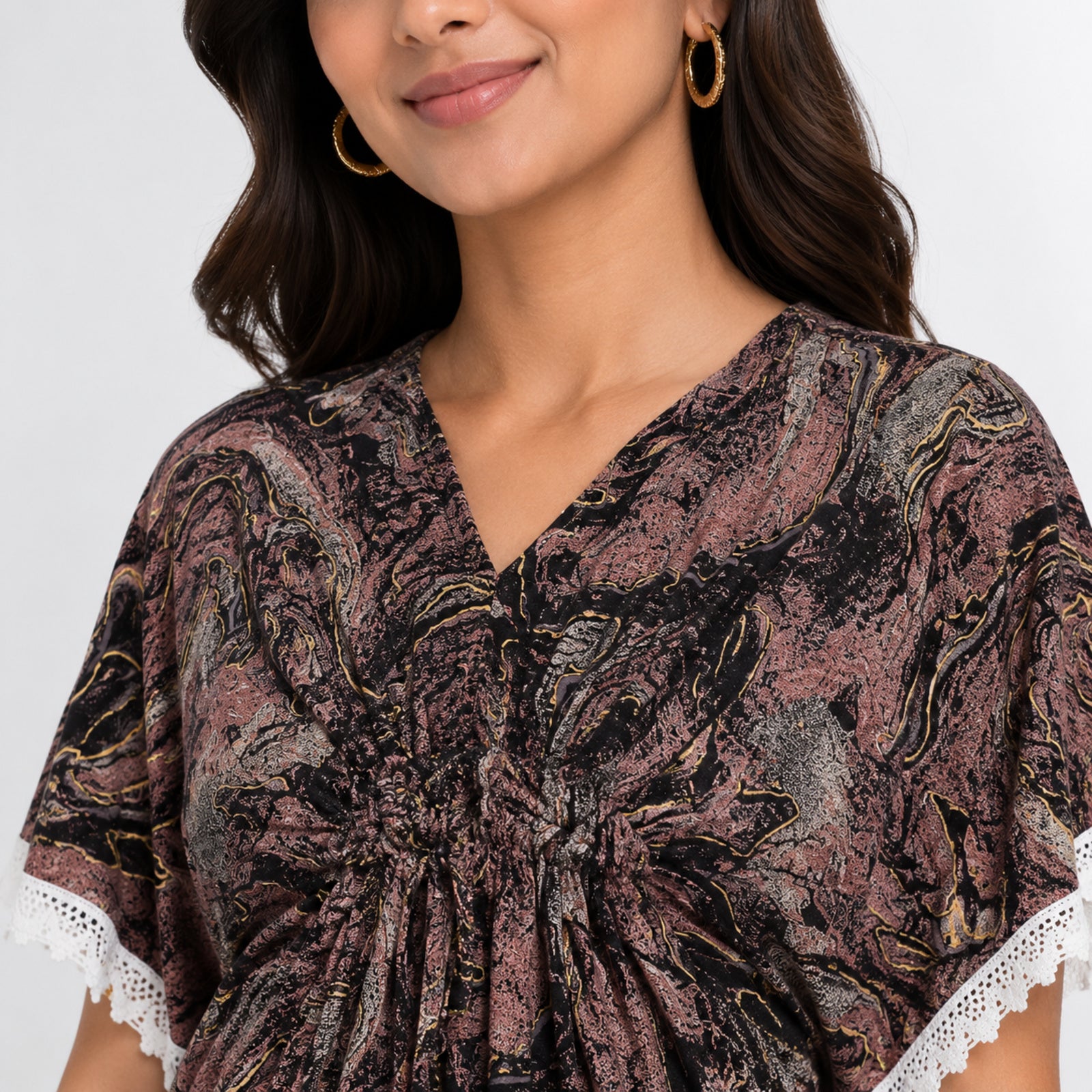 Women's Artistic Marble Print Kaftan Top with Lace Trim-3