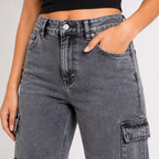 Women's Light Grey High Waist Cargo Jeans | Trendy Wide Leg Utility Denim Pants with Multi Pocket Design-3