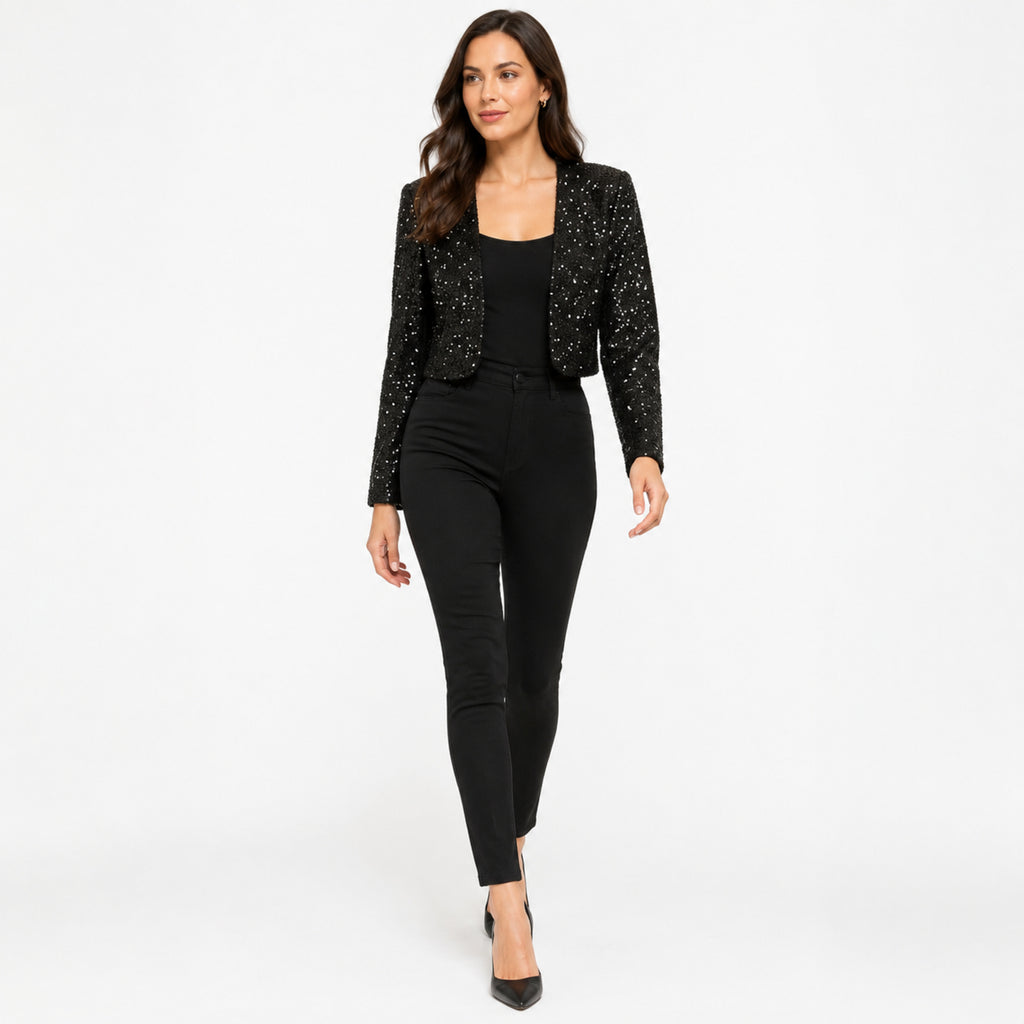 Women's Black Sequin Cropped Open Front Jacket | Glamorous Party Wear Shrug-1