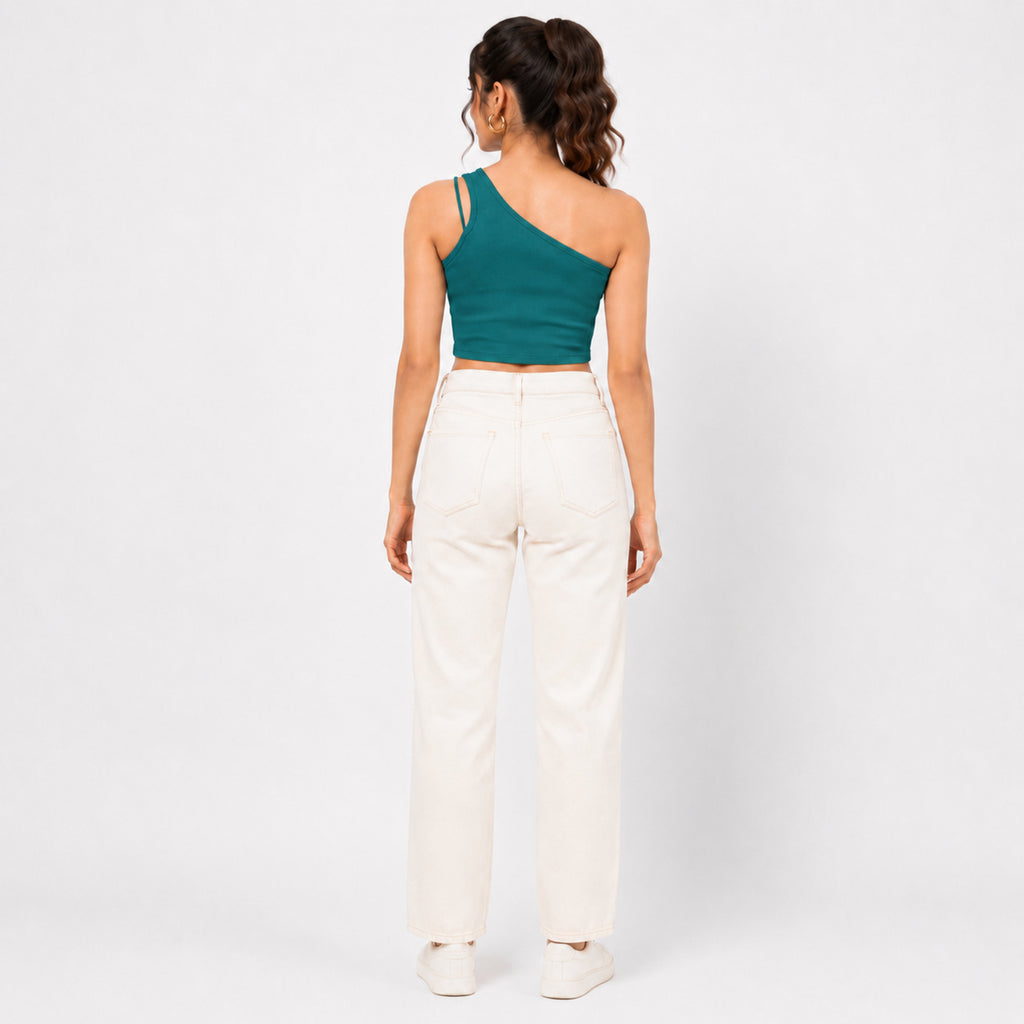Women's Teal One-Shoulder Ribbed Crop Top | Slim Fit Casual Stretch Top-4