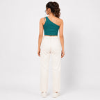 Women's Teal One-Shoulder Ribbed Crop Top | Slim Fit Casual Stretch Top-4