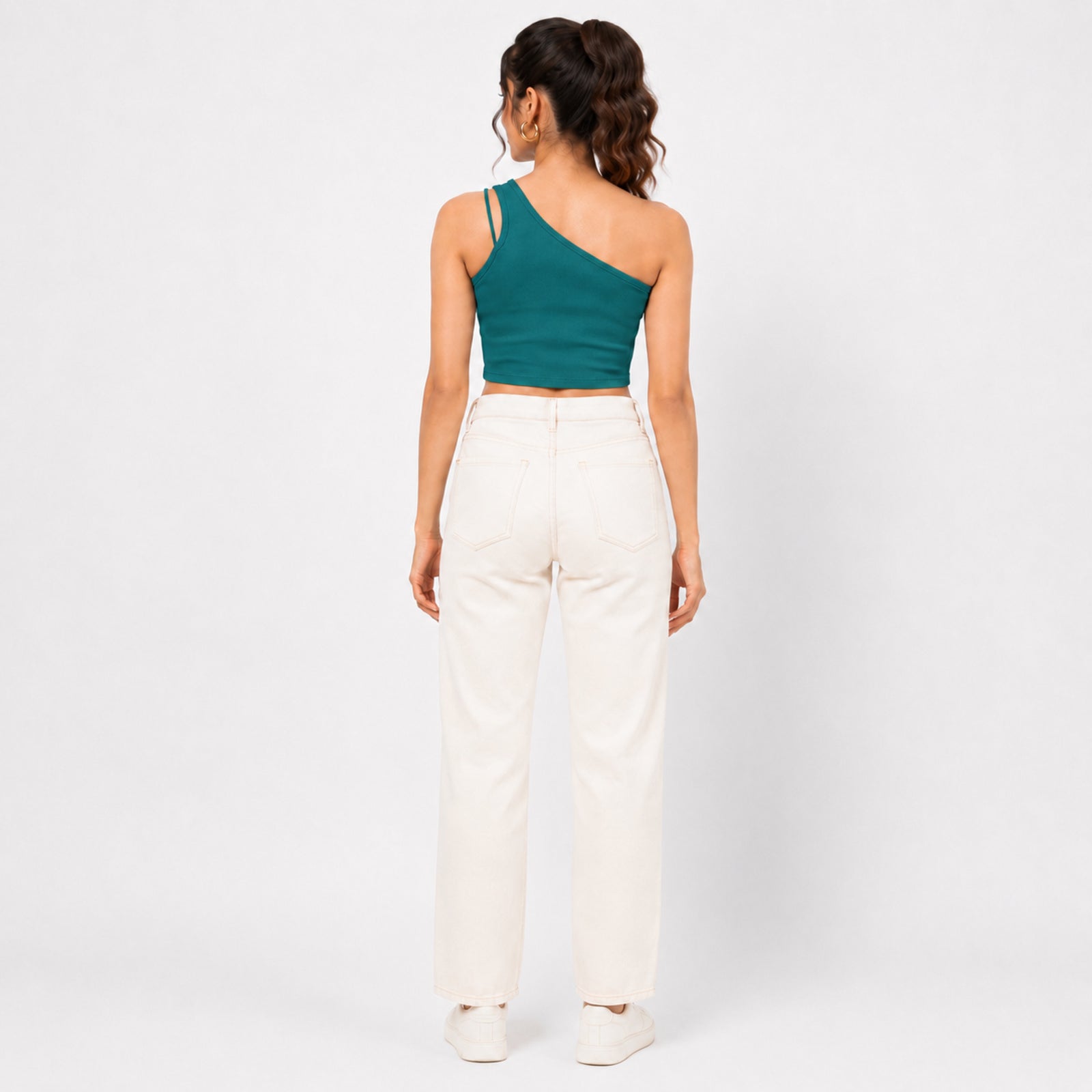 Women's Teal One-Shoulder Ribbed Crop Top | Slim Fit Casual Stretch Top-4