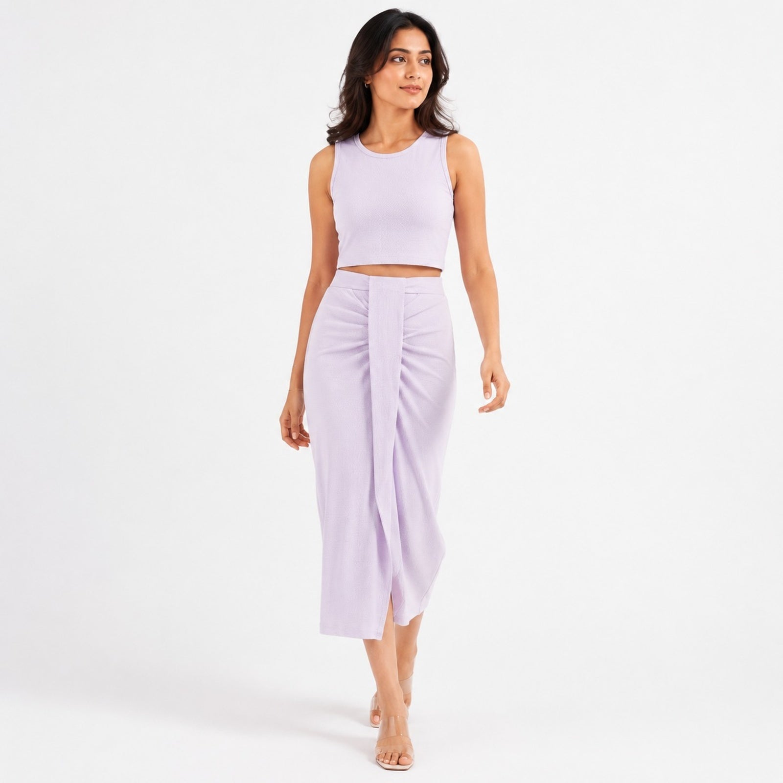 Women's Purple Solid Sleeveless Crop Top and Draped Maxi Skirt Co-Ord Set for Party Wear-2