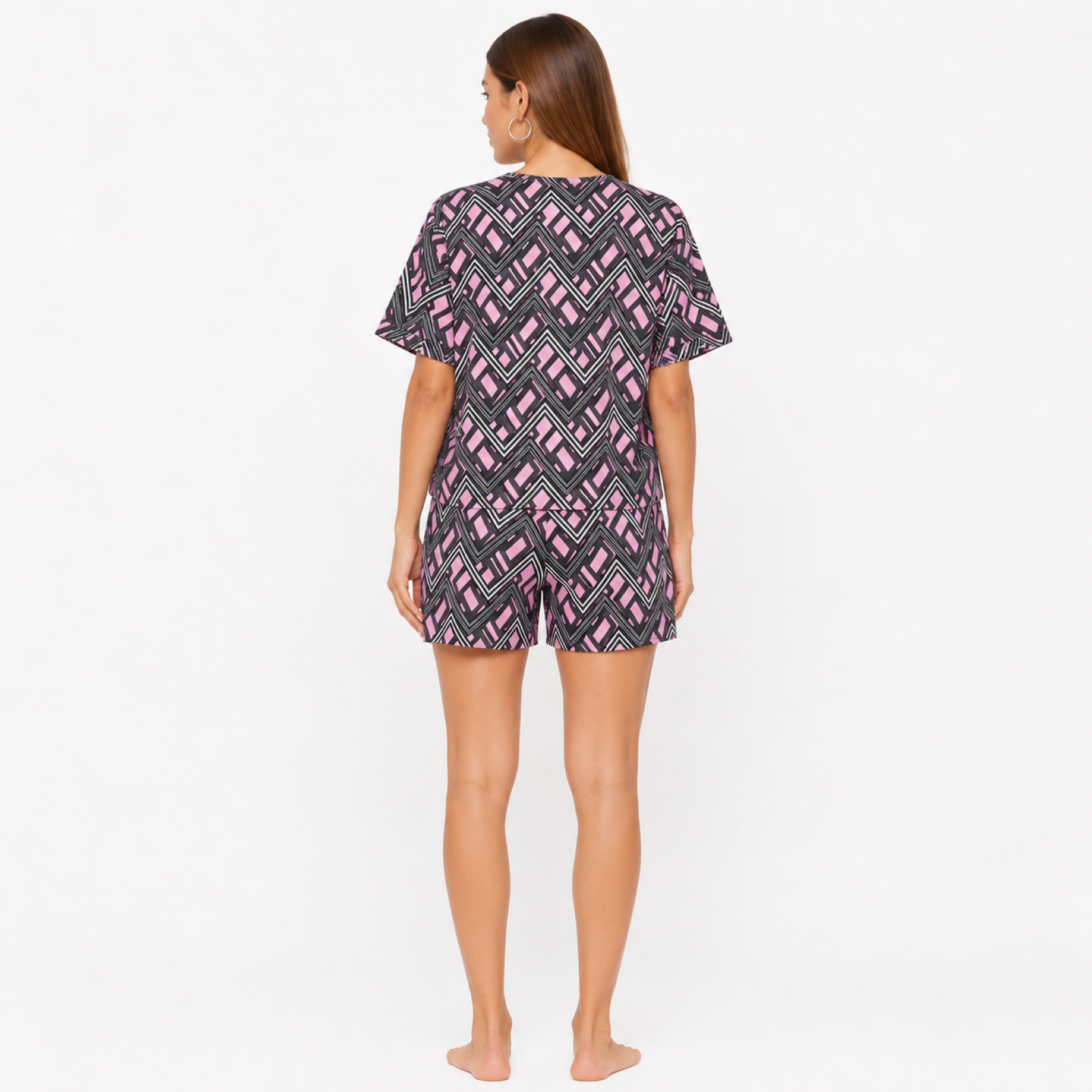 Women's Pink & Black Geometric Printed Co-Ord Set with Half Sleeve Top and Shorts-1