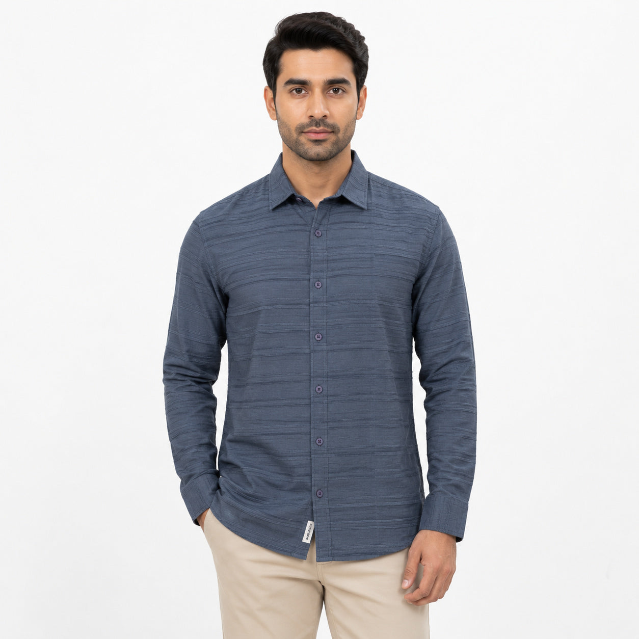 Men's Midnight Blue Textured Casual T-Shirt-4
