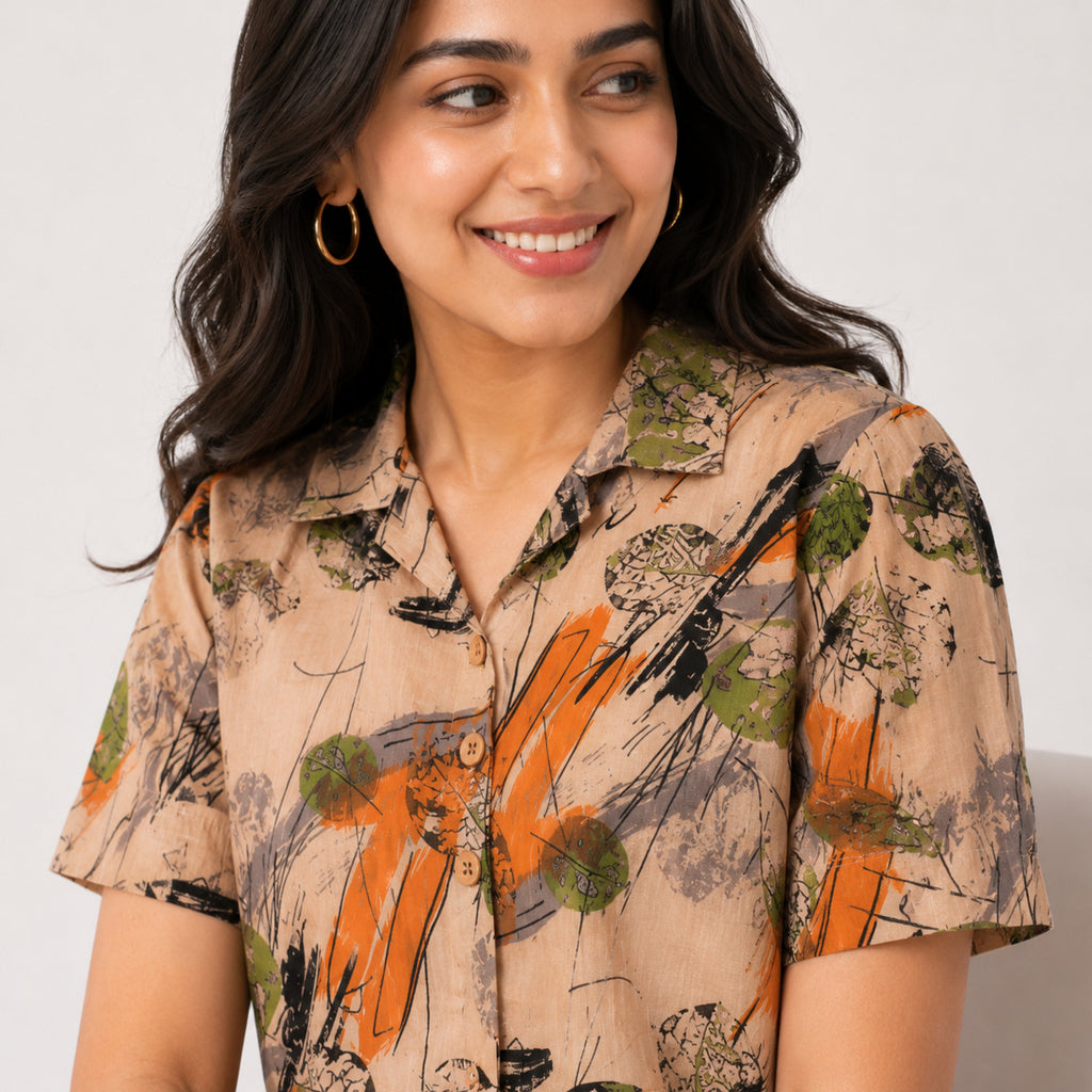 Women's Beige Abstract Printed Casual Shirt Top-4