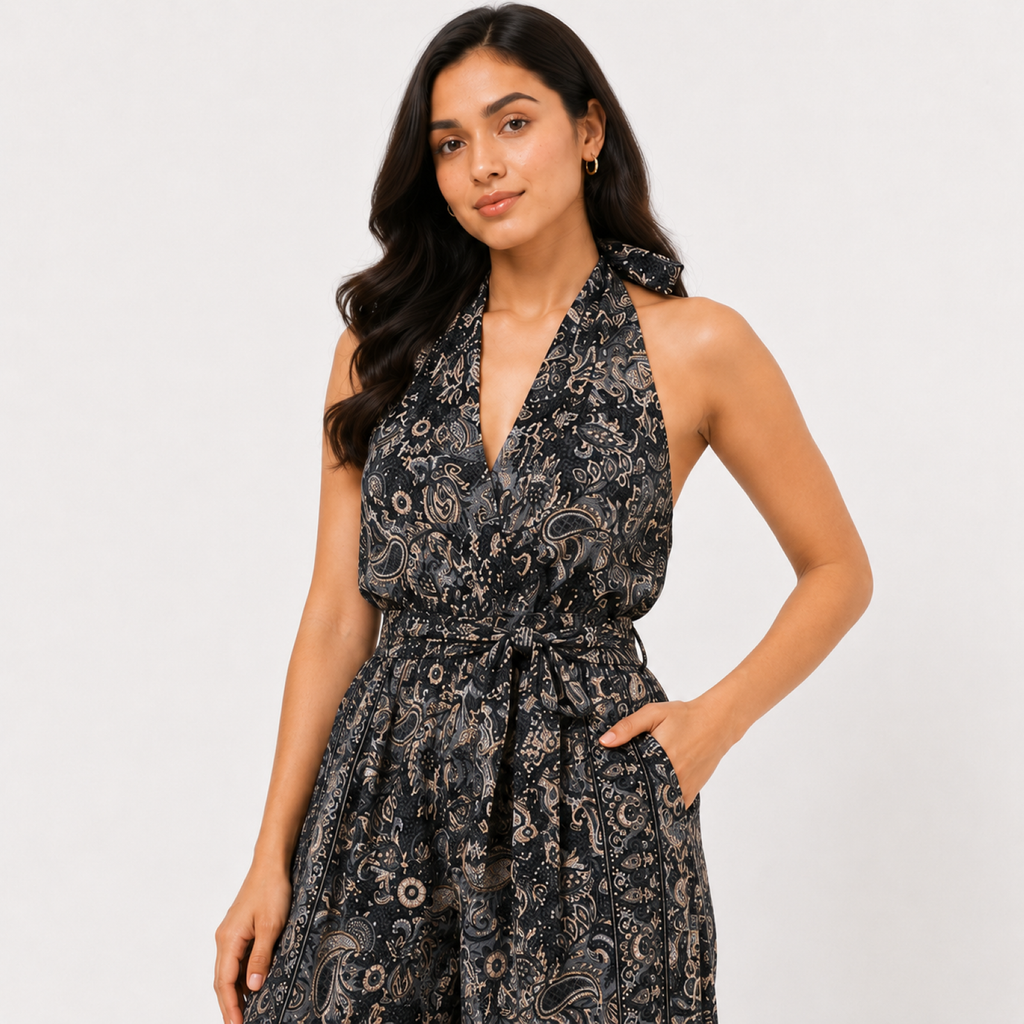 Women's Black & White Paisley Print Halter Neck Wide Leg Jumpsuit with Waist Tie-3
