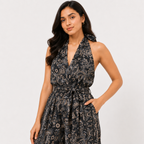 Women's Black & White Paisley Print Halter Neck Wide Leg Jumpsuit with Waist Tie-3