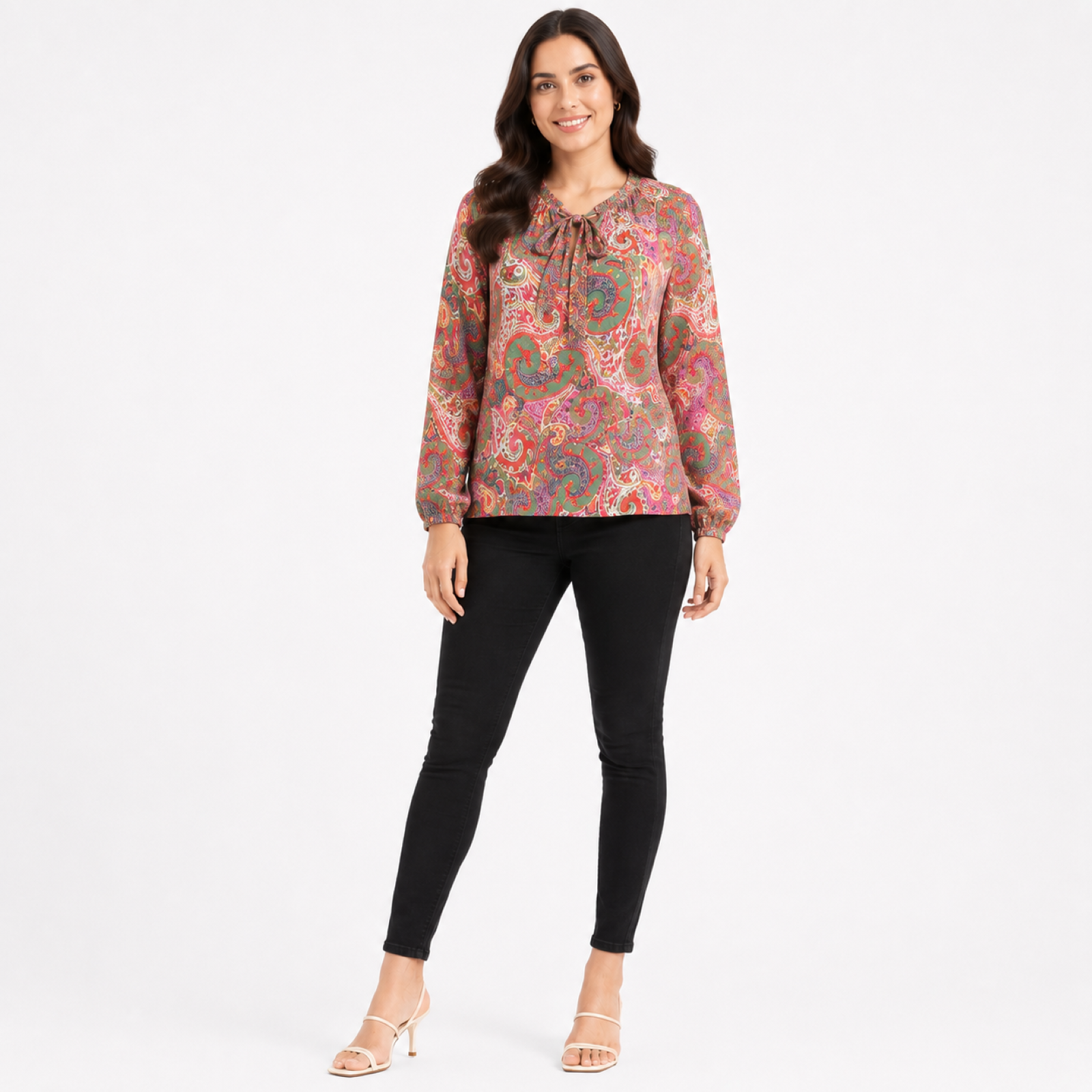 Women's Orange Paisley Print Tie-Neck Full Sleeve Top-2