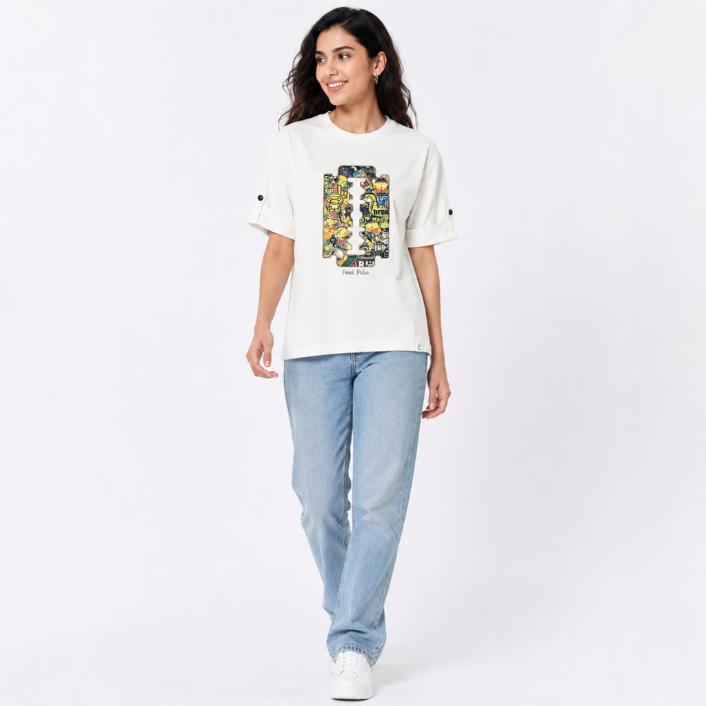 Women's White Oversized Graphic Printed Casual T-Shirt | Round Neck Relaxed Fit Tee-1