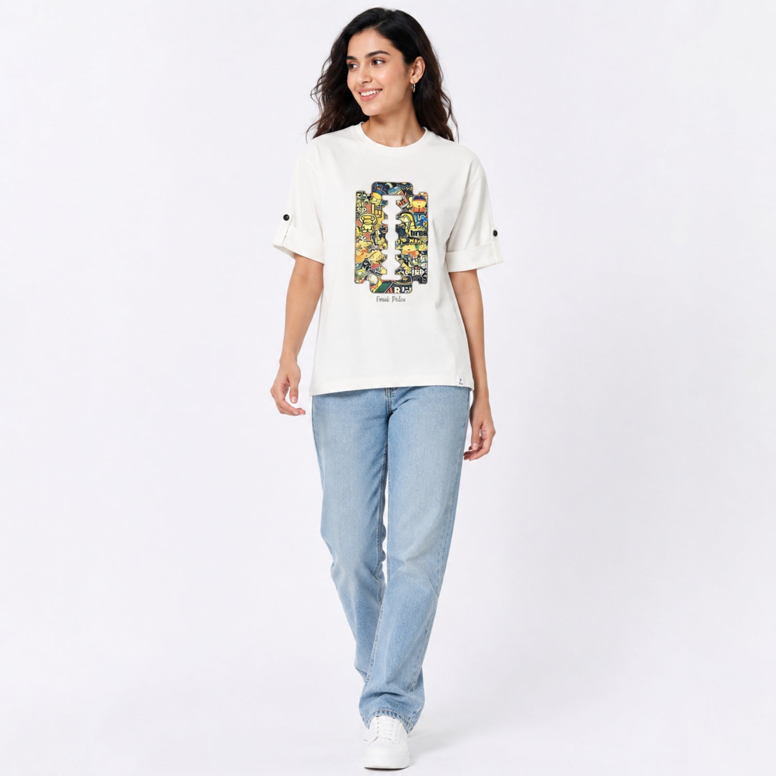 Women's White Oversized Graphic Printed Casual T-Shirt | Round Neck Relaxed Fit Tee-1