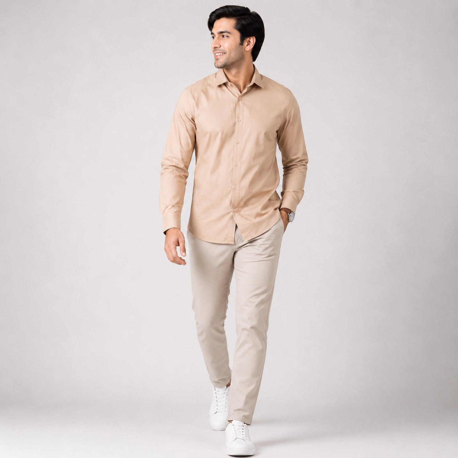 Men's Desert Beige Classic Smart Casual Shirt-3