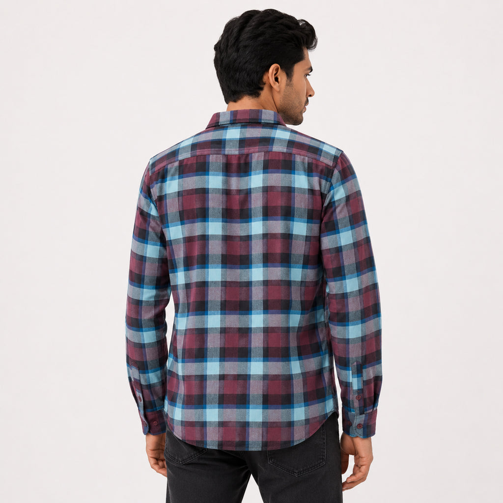 Men's Maroon and Teal Peacock Plaid Checkered Smart-Casual Shirt-3