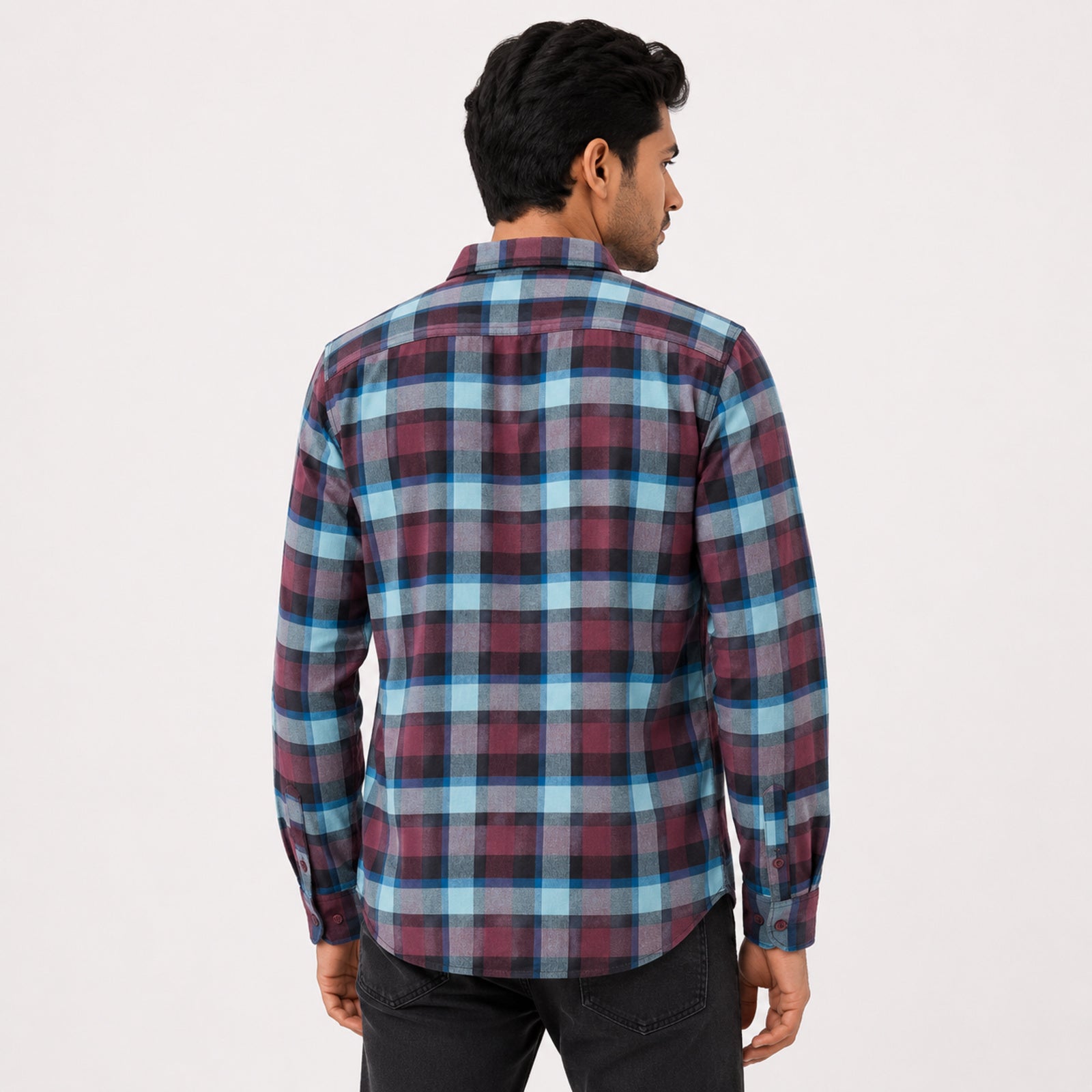 Men's Maroon and Teal Peacock Plaid Checkered Smart-Casual Shirt-3
