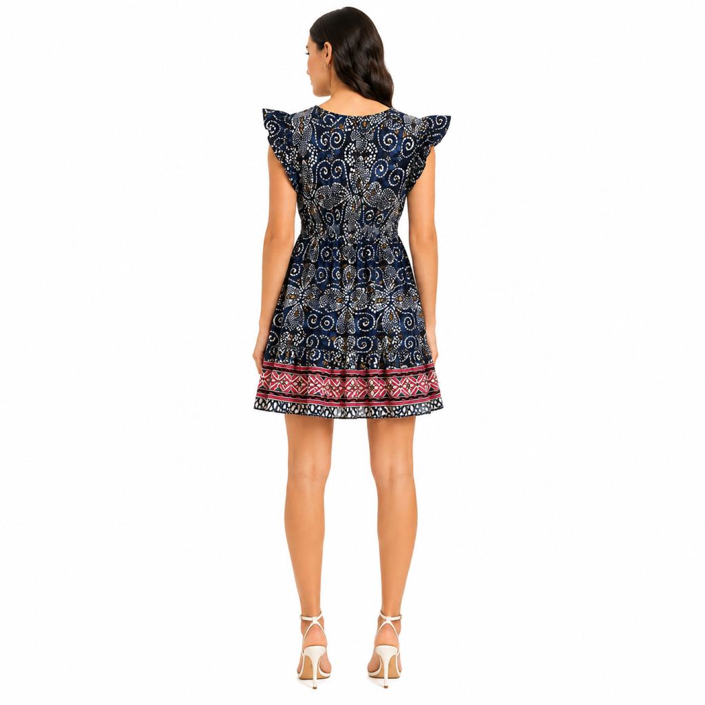 Women's Blue Ethnic Print Flutter Sleeve V-Neck Mini Dress-2