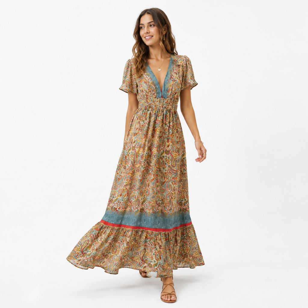 Women's Maroon Paisley Printed V-Neck Maxi Dress-1