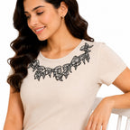 Women's Beige Embellished A-Line Dress | Round Neck Short Sleeve Knee Length Casual Dress-3