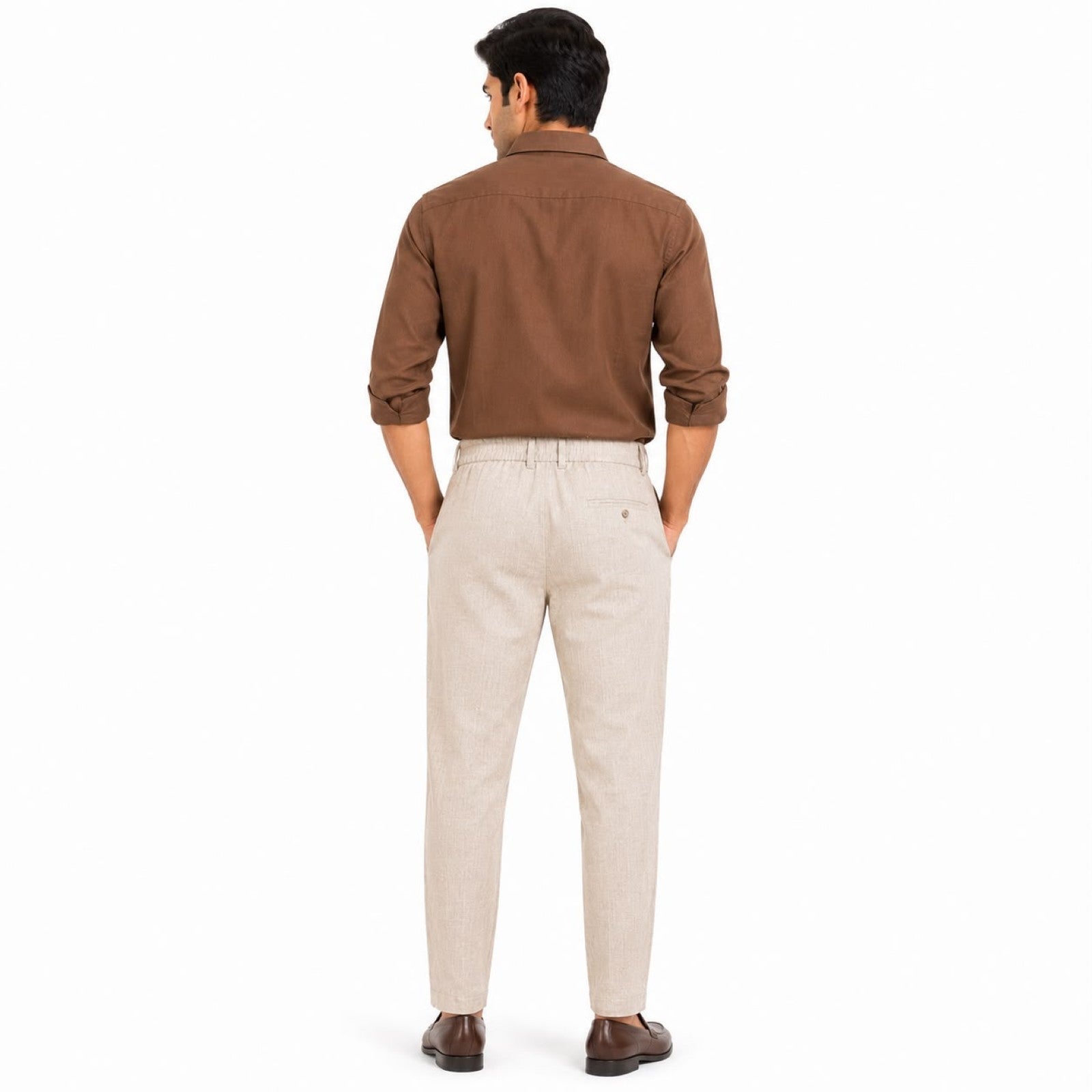 Men's Cream Pleated Drawcord Waist Tapered Casual Trousers-4