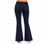 Women's Retro Navy Blue High-Waisted Flare Denim Jeans with Fringed Hem-4