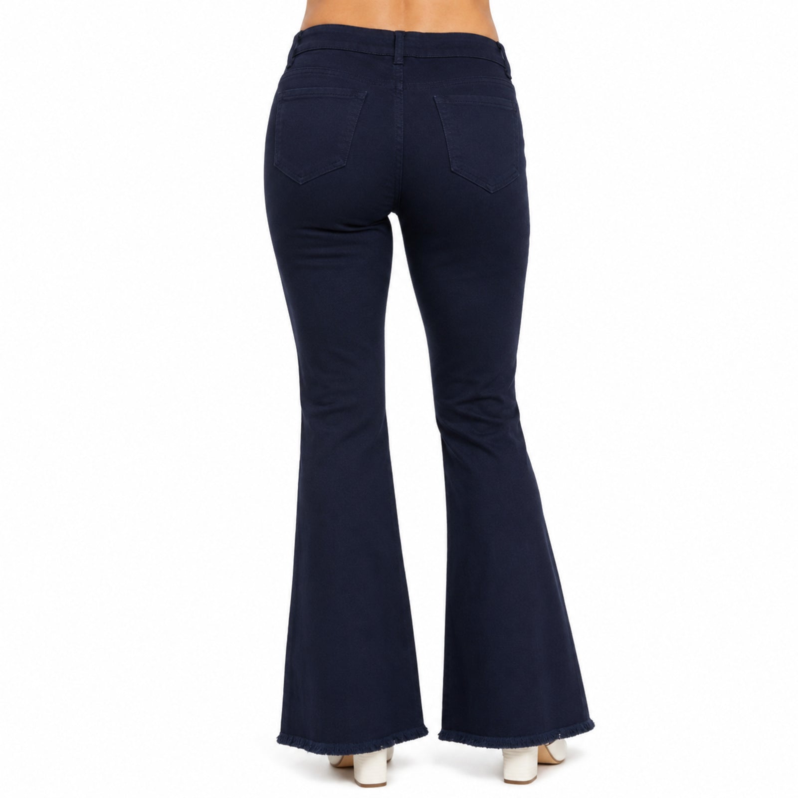 Women's Retro Navy Blue High-Waisted Flare Denim Jeans with Fringed Hem-4