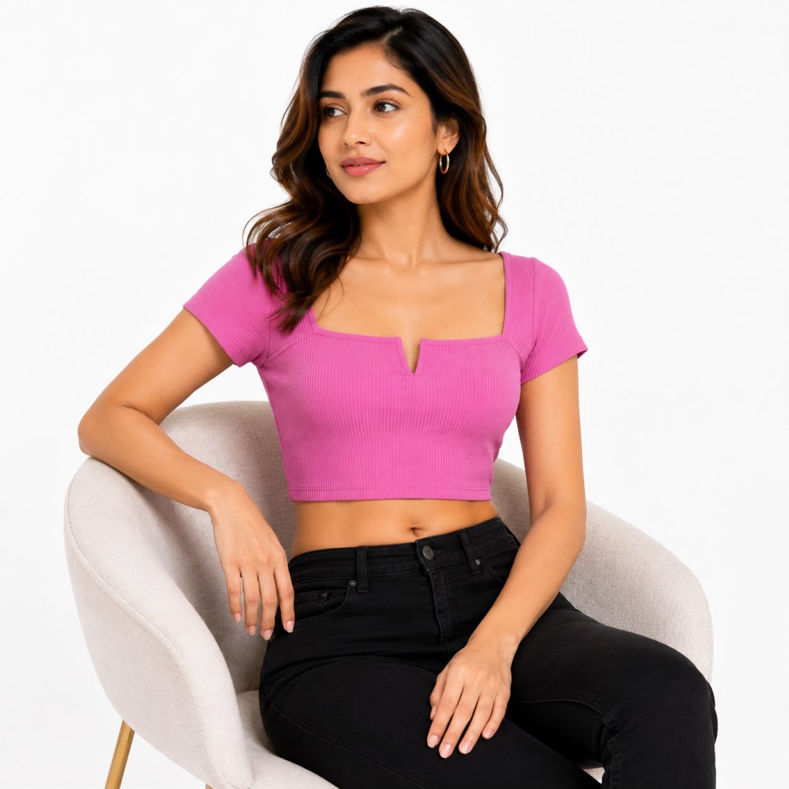 Women's Radiant Rose Ribbed Notch Neck Crop Top-1