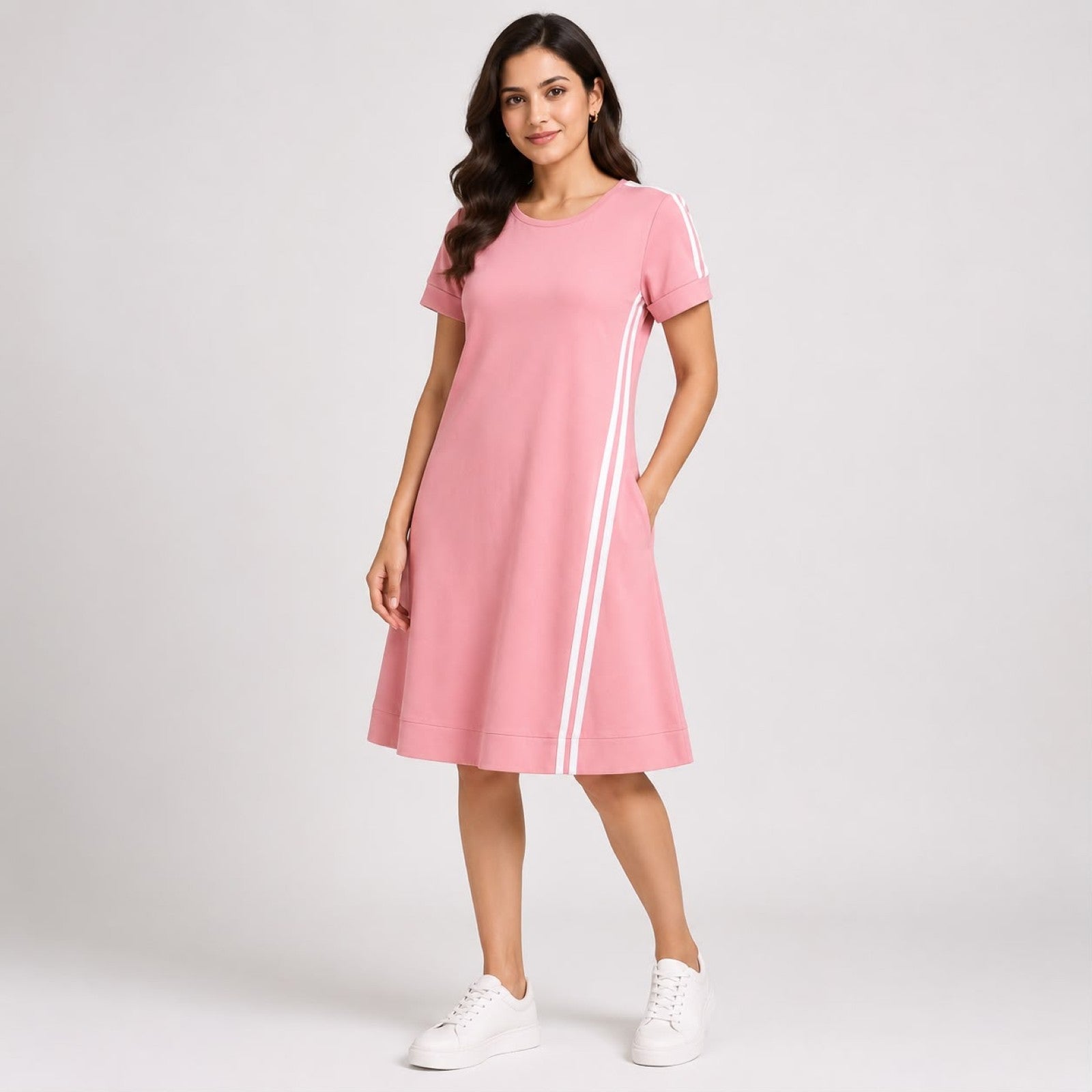 Women's Peach Casual A-Line Dress | Trendy Side Stripe Knee Length Everyday Comfort Dress-1